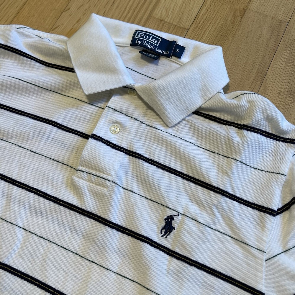 Polo Ralph Lauren Long Sleeve Striped Polo White Blue Pony Rugby Mens Small